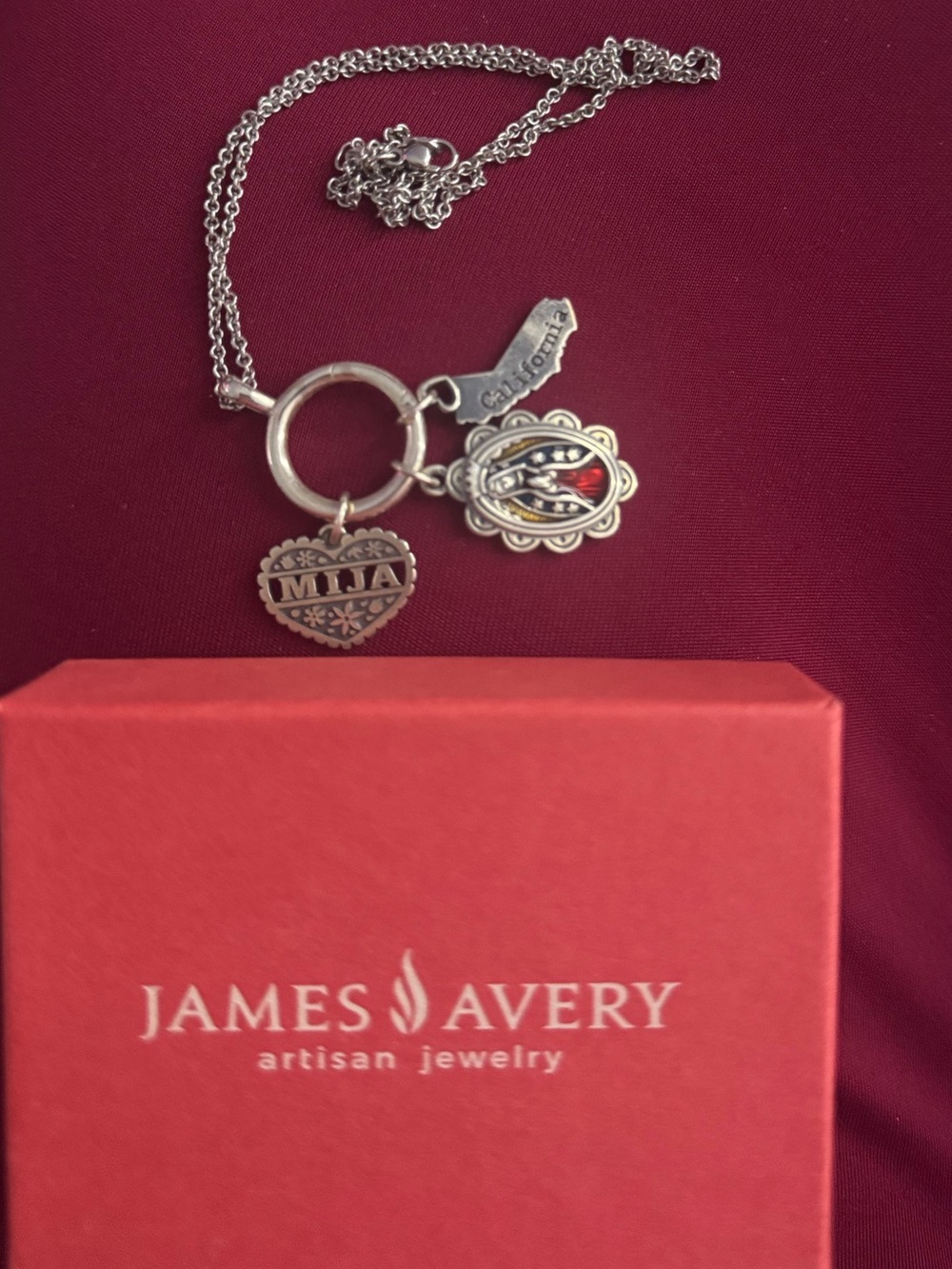 James Avery Silver Charm Necklace with Red Enamel Accent
